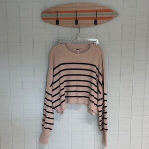 Free People Taupe/Cream and Black Striped Cropped Sweater